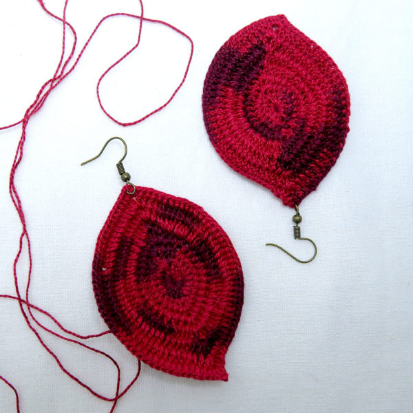 Handmade Crochet Leaf Earrings - Unique Red Yarn Jewelry